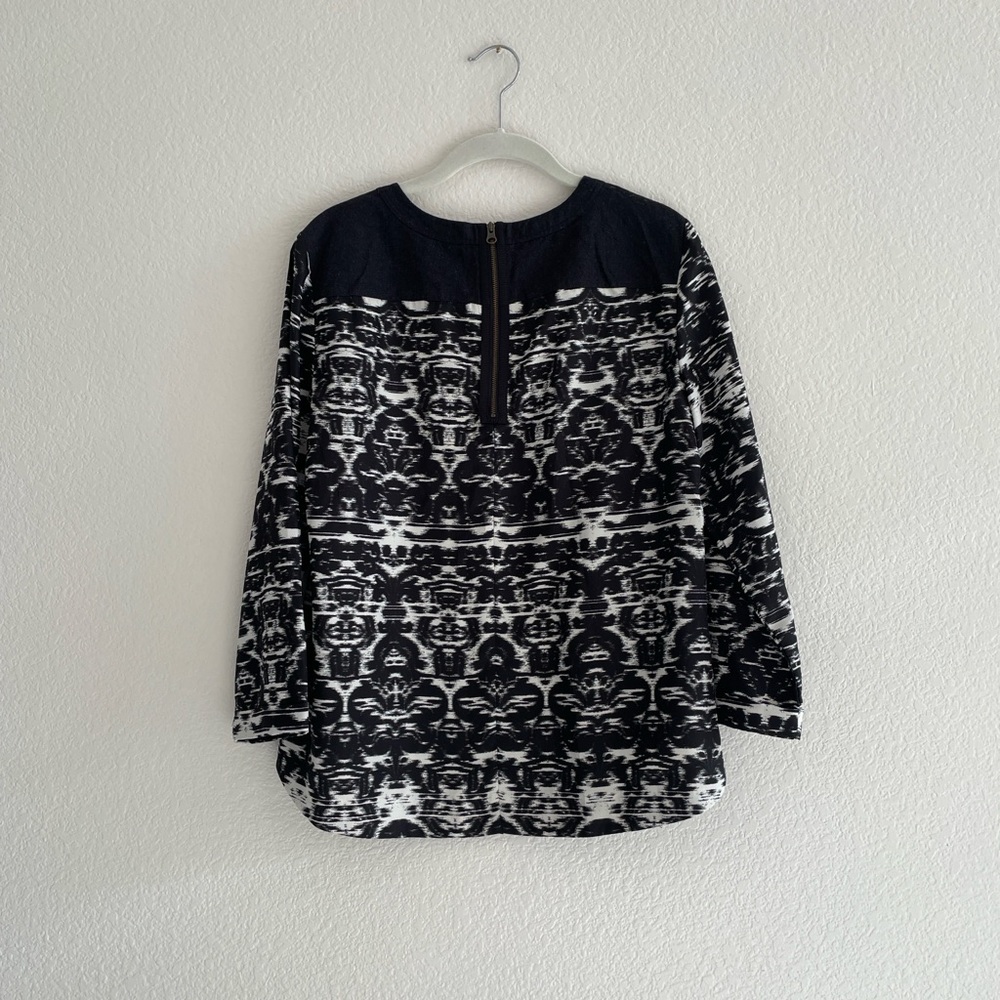 J.Crew Blurred Ikat Top black white polyester wool flannel trim rear zipper SZ 8 - Picture 3 of 7